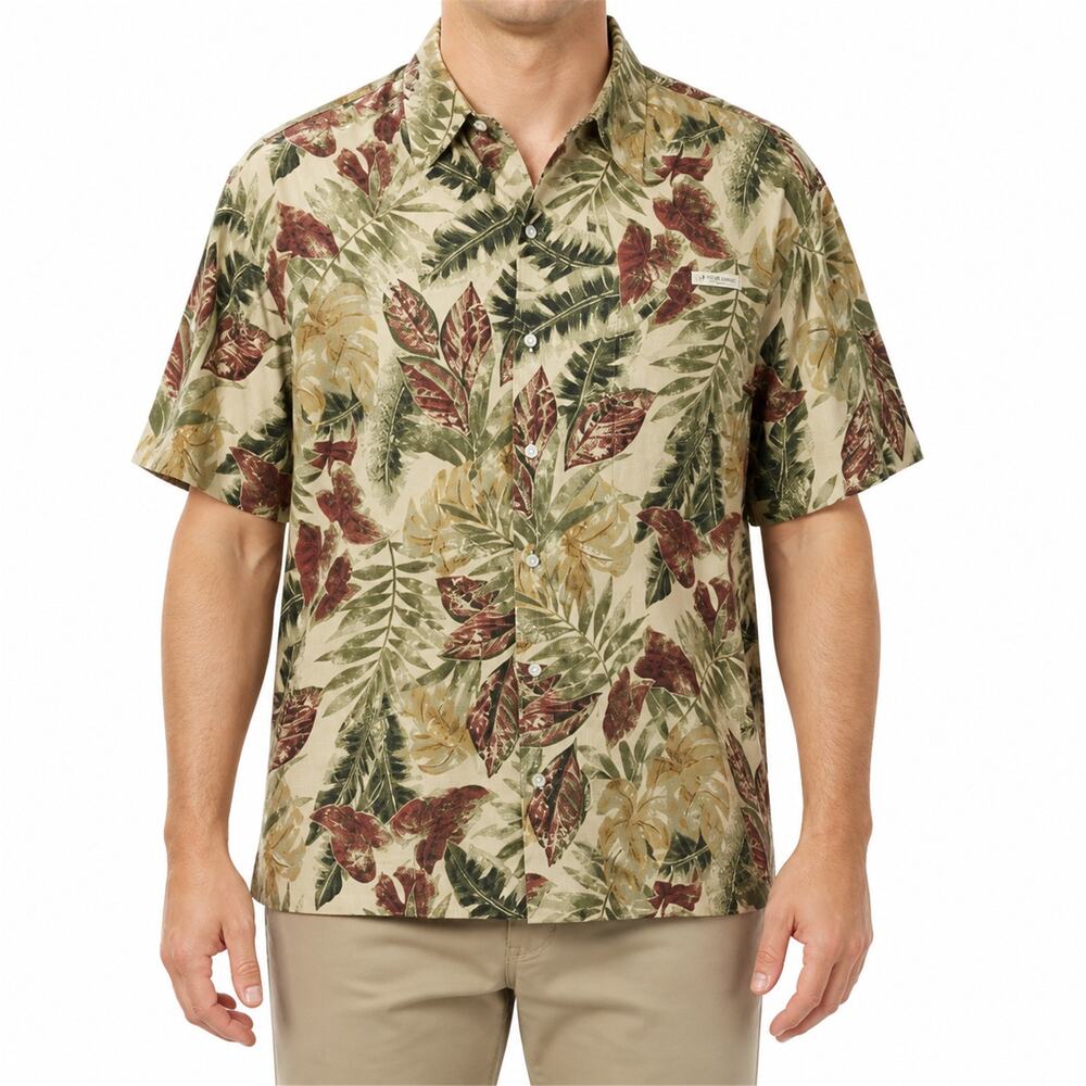 Tori Richard Shirt Mens Medium Brown Green Leaf Print Hawaiian Cotton Button Up